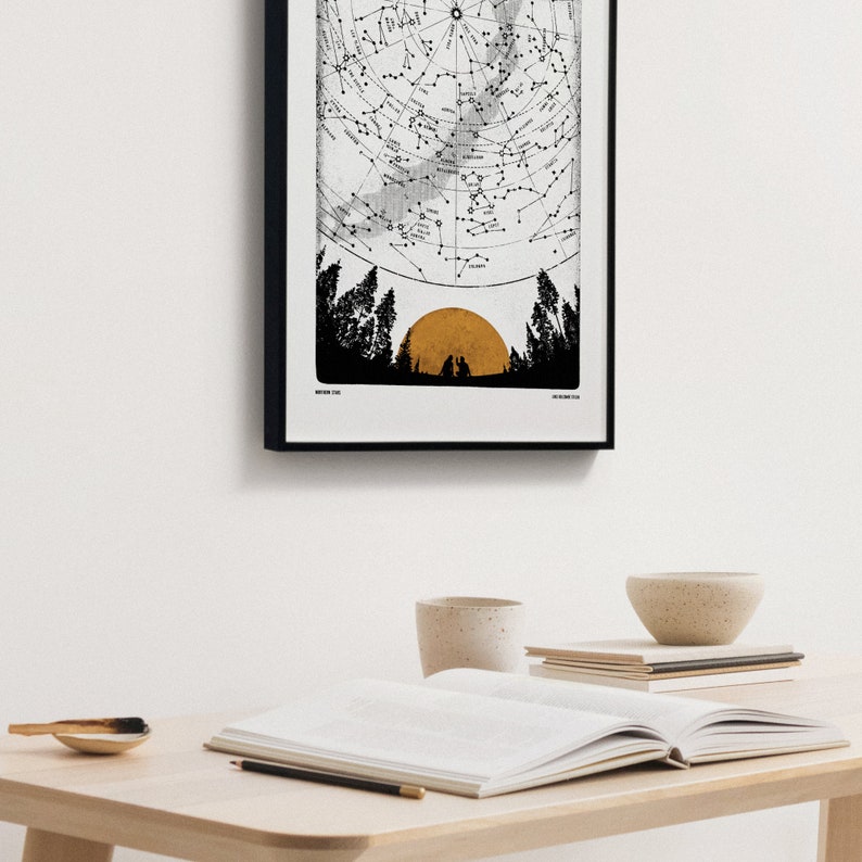 Puede incluir: Una ilustraci&oacute;n en blanco y negro de un mapa de constelaciones con una puesta de sol dorada en el fondo. El mapa est&aacute; enmarcado en un marco negro y est&aacute; colgado en una pared blanca. Hay un libro, un l&aacute;piz y dos cuencos de cer&aacute;mica sobre una mesa de madera clara delante de la impresi&oacute;n enmarcada.