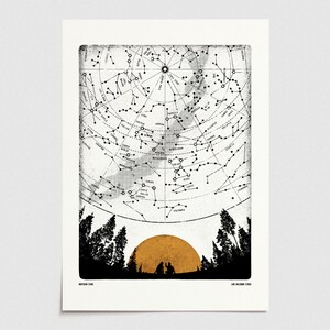 Puede incluir: Una ilustraci&oacute;n en blanco y negro de una carta estelar con constelaciones y sus nombres. La carta est&aacute; rodeada por una silueta oscura de &aacute;rboles y un sol amarillo dorado. El texto "NORTHERN STARS" y "LIME KILOMETRE STUDIO" se encuentra en la parte inferior de la imagen.