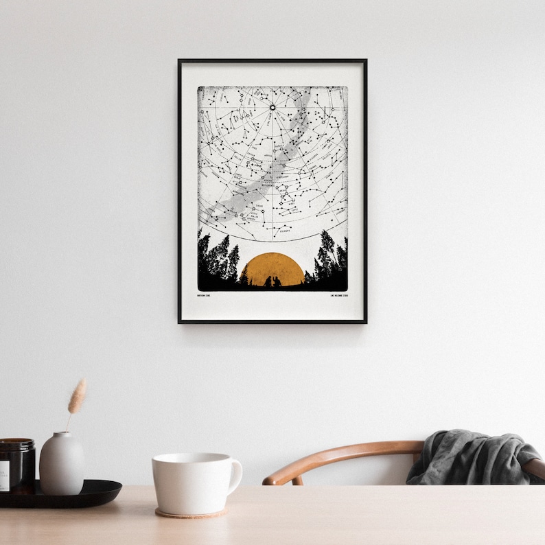 Puede incluir: Ilustraci&oacute;n en blanco y negro de un mapa de constelaciones con un sol dorado poni&eacute;ndose detr&aacute;s de una silueta de &aacute;rboles. El t&iacute;tulo de la obra de arte es "Northern Sky".