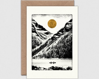 LOST IN TODAY Note Card with Envelope: Lake, Forest, Mountains, Canoe, A6 Size (105 x 148mm)