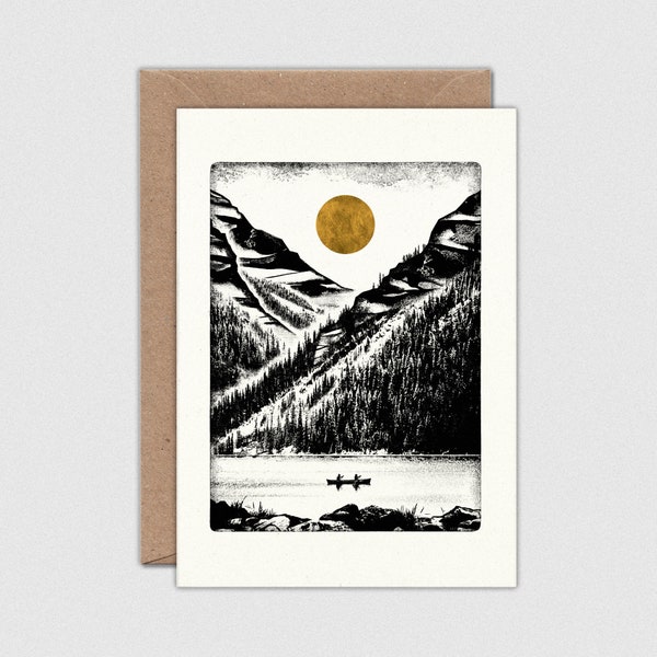 LOST IN TODAY Note Card with Envelope: Lake, Forest, Mountains, Canoe, A6 Size (105 x 148mm)