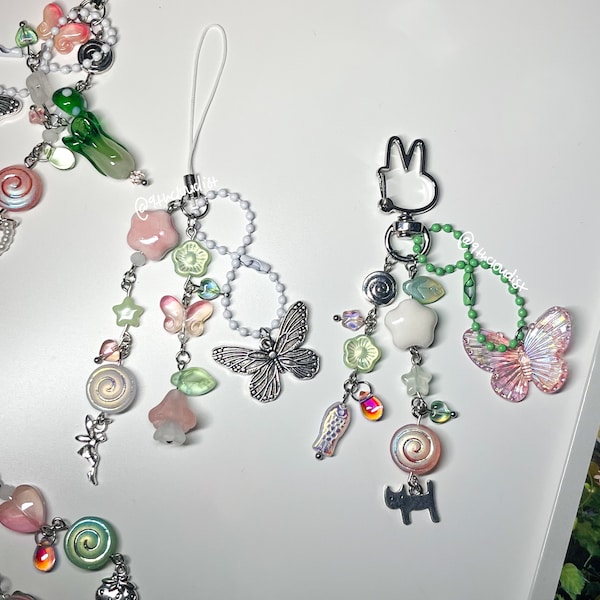 whimsical meadow beaded charm | keychain white green pink fairy cute coquette star aesthetic heart butterfly phone strap swirl cat kitty