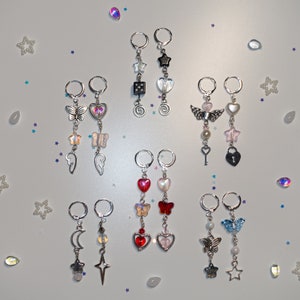 mismatch dangly earrings | statement edgy kitsch kfashion korean cute coquette heart dice butterfly star aesthetic bead beaded crystal