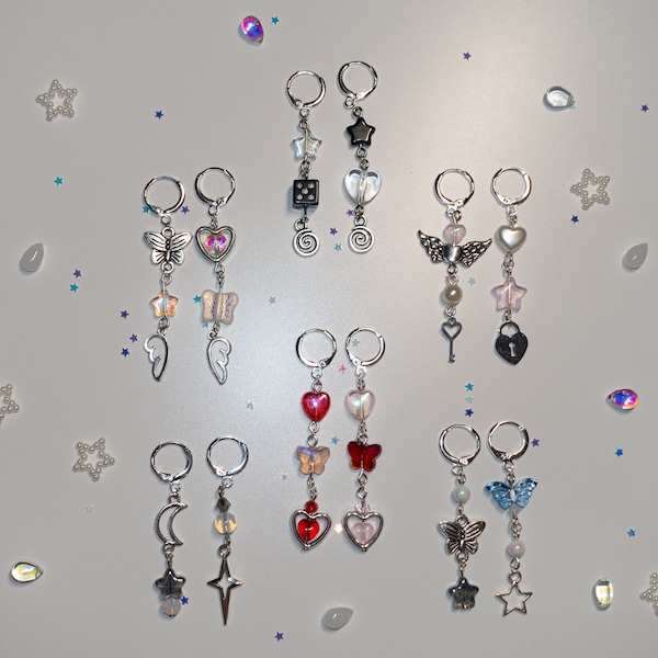 mismatch dangly earrings | statement edgy kitsch kfashion korean cute coquette heart dice butterfly star aesthetic bead beaded crystal