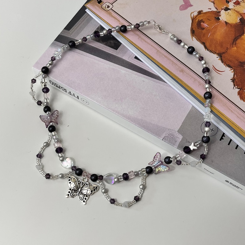 Dark Angel Fairy Butterfly beaded choker | Black bead necklace | Statement | Pearl | Heart | Perfect gift for girlfriend / best friend 