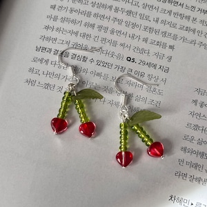 cherry beaded dangly earrings | statement coquette cottagecore fairy forest spring summer green red fruit