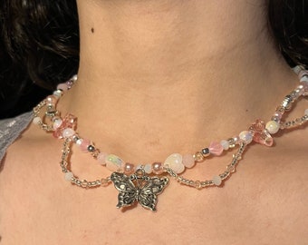 Blush Pink Fairy Butterfly beaded choker | Bead necklace | Statement | Pearl | Heart | Perfect gift for girlfriend / best friend