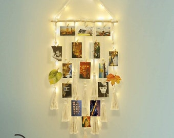 Hanging Photo Display Wall Decor - Macrame Wall Decor Hanging Remote Fairy Light Boho Home Decor
