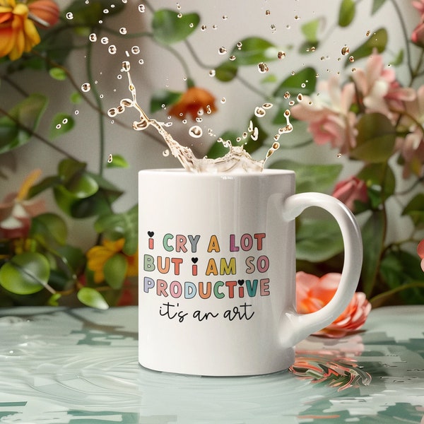 I cry a lot but I am so productive mug, black heart, ttpd, gift, colorful mug
