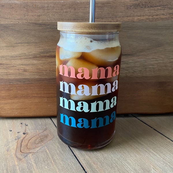 Mama Glass Glass Beer Can cup with Bamboo Lid and Metal Straw // Gift for Mom // New Mom Gift // Coffee Mug // Personalized Gift