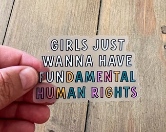 Girls just wanna have fundamental human rights, Weatherproof Clear Sticker, funny sticker, Women's Rights, Feminist Sticker, 1973