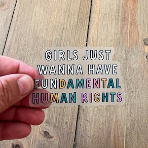 Girls just wanna have fundamental human rights, Weatherproof Clear Sticker, funny sticker, Women's Rights, Feminist Sticker, 1973