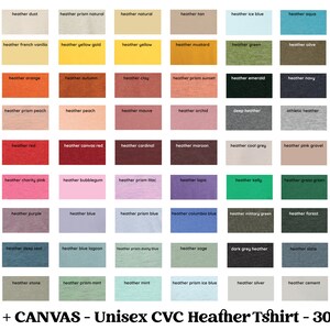 Pu&ograve; includere: Una tabella che mostra 48 diversi campioni di tessuto heather. I campioni sono disposti in una griglia di 8 colonne e 6 righe. Ogni campione &egrave; etichettato con il nome del colore, come "heather dust", "heather yellow", "heather red", e "heather blue". La tabella &egrave; intitolata "BELLA + CANVAS - Unisex CVC Heather Tshirt - 3001CVC".