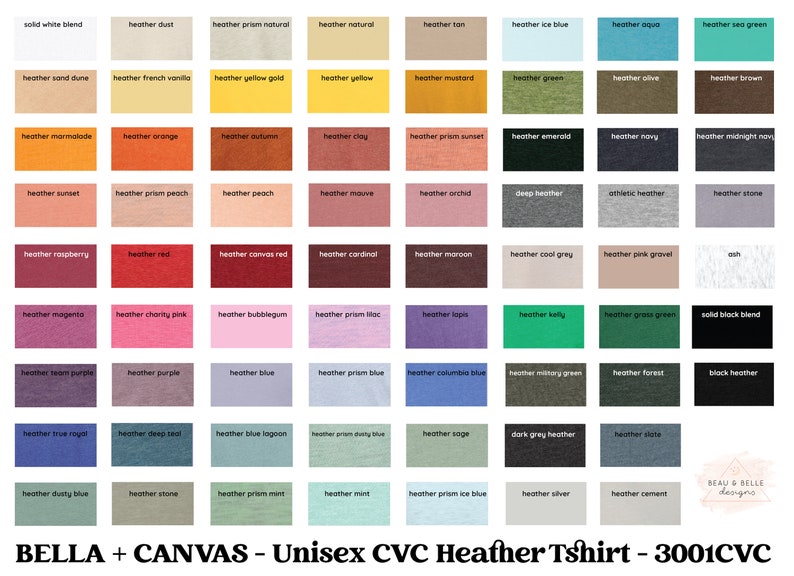 Pu&ograve; includere: Una tabella che mostra 48 diversi campioni di tessuto heather. I campioni sono disposti in una griglia di 8 colonne e 6 righe. Ogni campione &egrave; etichettato con il nome del colore, come "heather dust", "heather yellow", "heather red", e "heather blue". La tabella &egrave; intitolata "BELLA + CANVAS - Unisex CVC Heather Tshirt - 3001CVC".