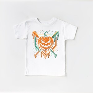 Chemise de baseball d'Halloween pour enfants - T-shirt citrouille d'Halloween avec chauves-souris dégoulinantes - T-shirt d'Halloween pour tout-petits et jeunes - Chemise de sport effrayante pour enfant