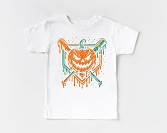 Halloween Baseball Shirt for Kids – Jack-O’-Lantern with Dripping Bats Tee – Toddler + Youth Halloween T-Shirt – Spooky Sports Shirt for kid