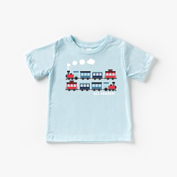 Red Version - Whimsical train t-shirt for children, Train kids tshirt, all aboard, choo choo, chugga, kids vehicle shirt, toddler train