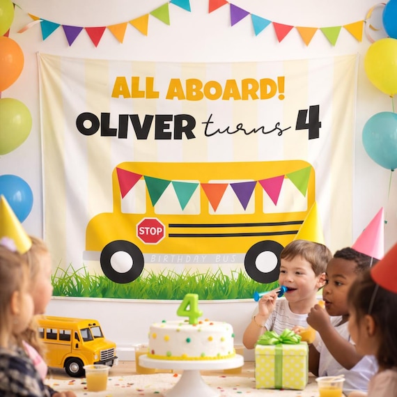 Bus Birthday Backdrop Decor | Personalized Kids Birthday Tapestry | Bus Theme Birthday Banner | Custom Name & Age Party Decor