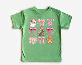 Camiseta navideña rosa y verde para niño pequeño / Papá Noel, lazos y pan de jengibre