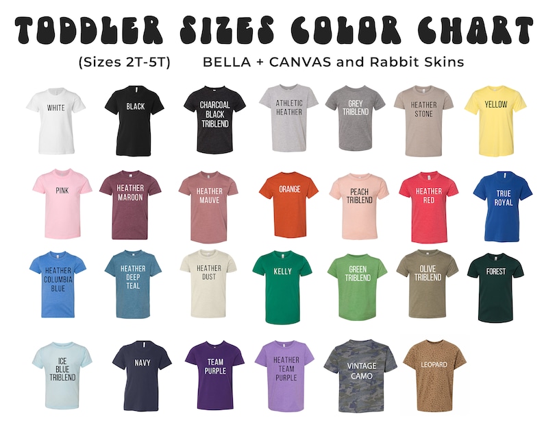 Op de afbeelding: Kleurenkaart van peuter-T-shirts in verschillende kleuren, waaronder wit, zwart, roze, oranje en blauw. De kaart toont de beschikbare kleuren en maten (2T-5T) voor Bella + Canvas en Rabbit Skins shirts.