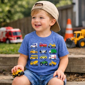 Lots of trucks Tshirt for toddlers, garbage truck, fire truck, school bus, construction trucks