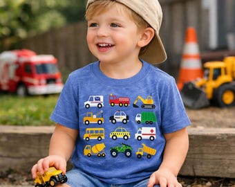 Lots of trucks Tshirt for toddlers, garbage truck, fire truck, school bus, construction trucks