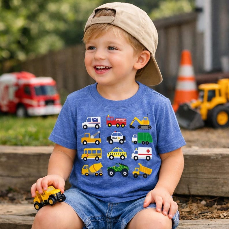 Lots of trucks Tshirt for toddlers, garbage truck, fire truck, school bus, construction trucks