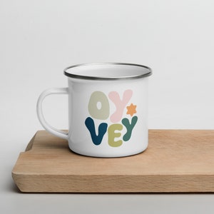 Funny &#39;Oy Vey&#39; Enamel Camping Mug: Jewish Humor Gift
