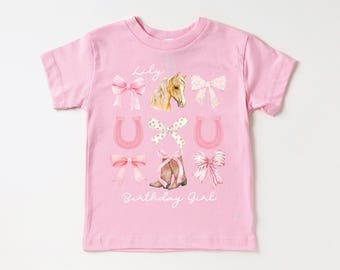 Chemise d'anniversaire cheval personnalisée - T-shirt fête cheval pour filles, t-shirt d'anniversaire cow-girl avec nom personnalisé