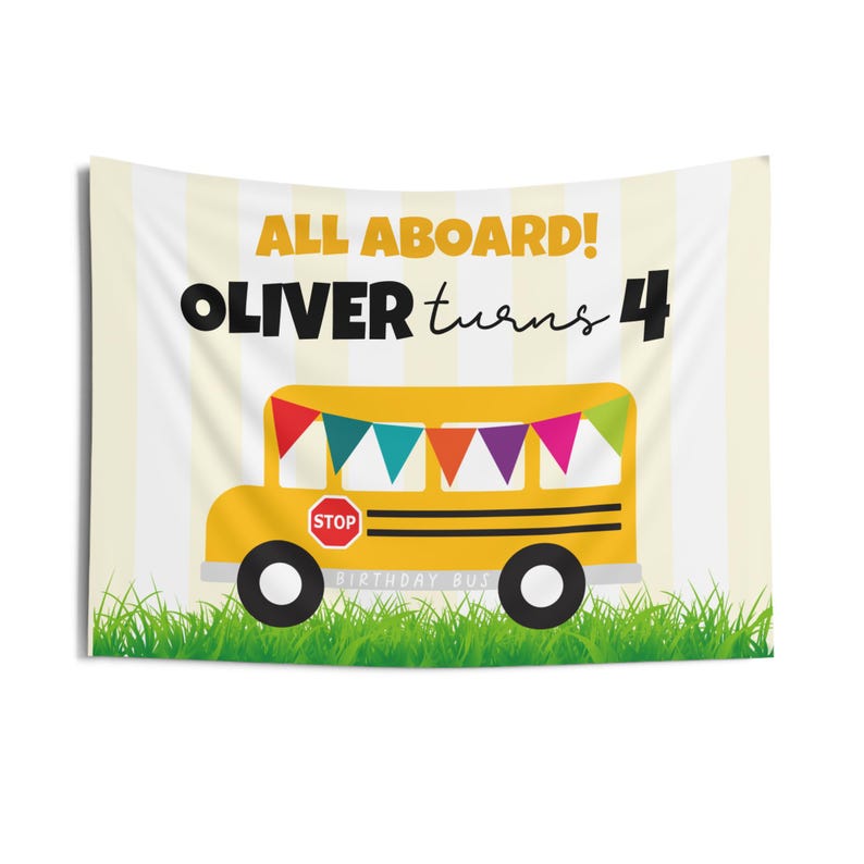 Décor de toile de fond d'anniversaire de bus | Tapisserie d'anniversaire personnalisée pour enfants | Bannière d'anniversaire sur le thème du bus | Déco de fête personnalisée avec nom et âge image 3
