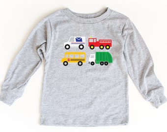 City Vehicles Kids Long Sleeve T-Shirt: Firetruck, School Bus