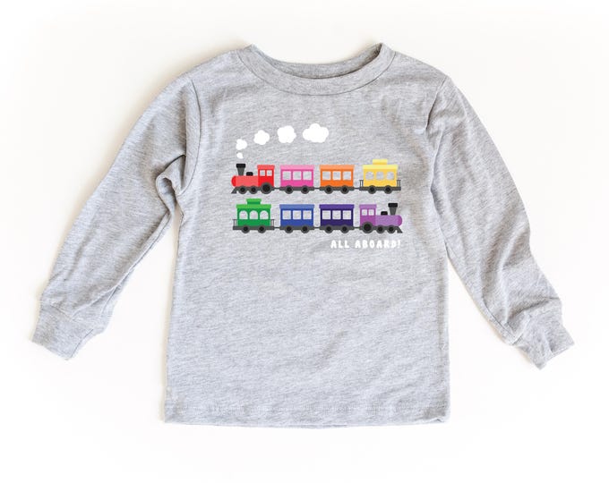 Rainbow Train Kids Long Sleeve Shirt | Colorful Choo Choo Train Tee | Toddler Birthday Outfit | All Aboard Train Lover Gift