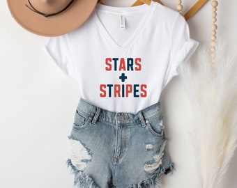 Stars and Stripes Womens V Neck | Patriotic V Neck Shirt | Fourth of July Womens Top | Red White Blue Shirt | USA Flag Tee