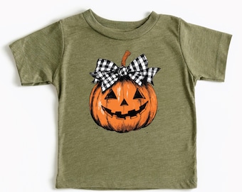 Gingham Bow Pumpkin Halloween Shirt: Girls Toddler & Youth Fall Tee