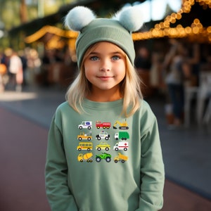 Lots of Trucks Long sleeve Tshirt - Firetruck, Garbage Truck, School Bus, Construction trucks, police car - Sizes for Toddlers and youth