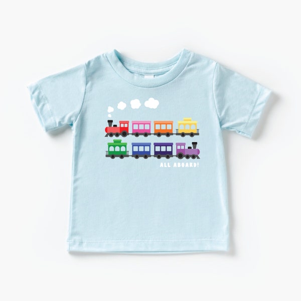 Whimsical Rainbow train t-shirt for children, Train kids tshirt, all aboard, choo choo, kids vehicle shirt, toddler train, birthday shirt