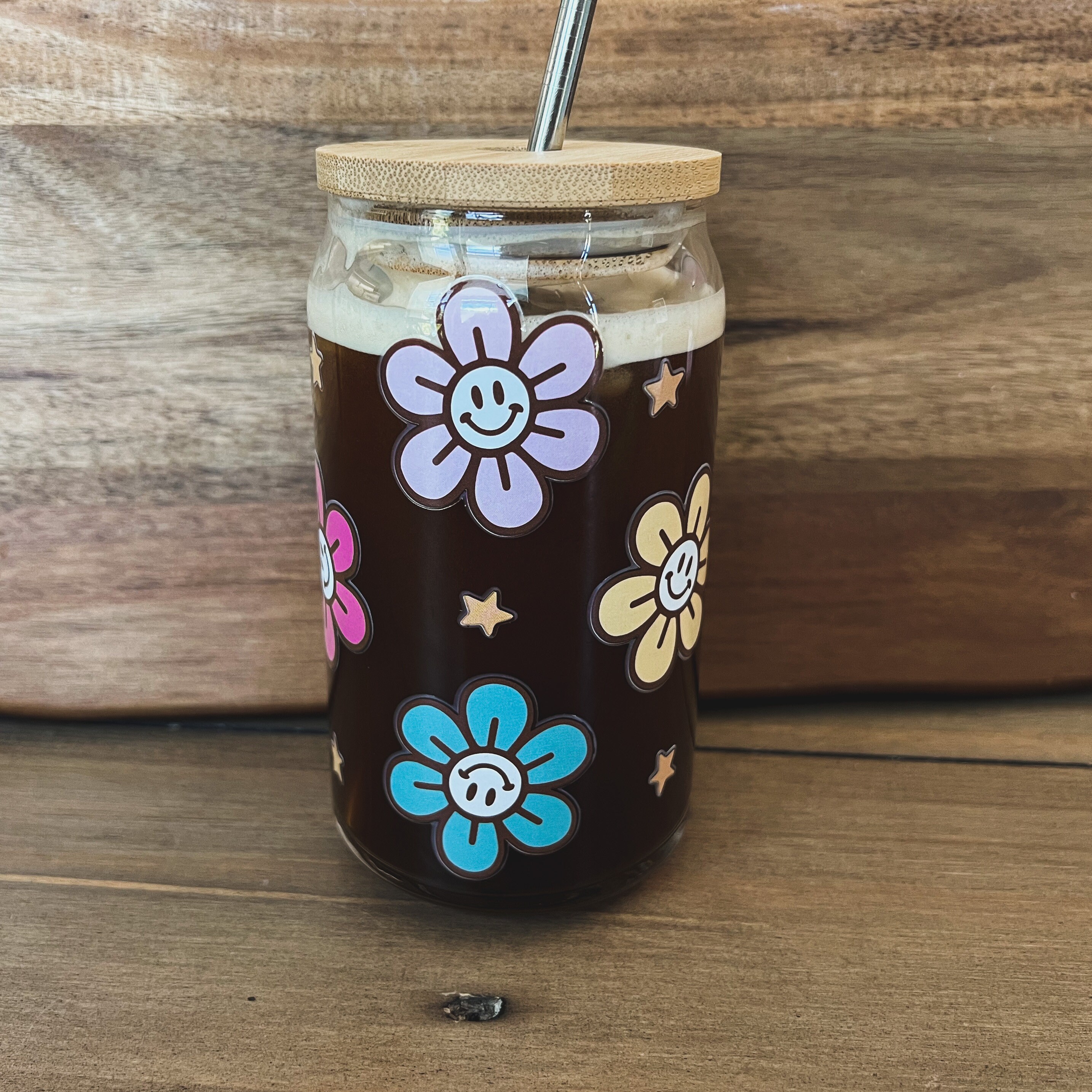Flowers Smile Glass Can Glass Can Glass Cup Summer Vibes Summer Cup Hippie  Vibes Cute Handmade Ice Coffee Cup bamboo Lid 