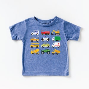 Lots of Trucks Tshirt - Firetruck, Garbage Truck, School Bus, Construction trucks, police car, tow - Sizes for Babies, Toddlers, and Youth