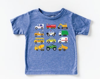 Lots of Trucks Tshirt - Firetruck, Garbage Truck, School Bus, Construction trucks, police car, tow - Sizes for Babies, Toddlers, and Youth