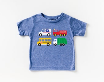 Busy town vehicle toddler t-shirt, mail truck, fire truck, garbage truck, school bus