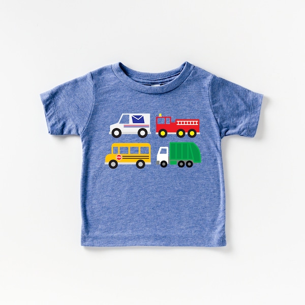 Busy town Vehicles Kids T-Shirt - Firetruck, Garbage Truck, School Bus - Sizes for Babies, Toddlers, and Youth