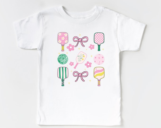 Kids Pickleball Shirt – Girly Watercolor Paddle T-Shirt for Girls, Cute Youth Pickleball Tee, Pink Green Sports Shirt