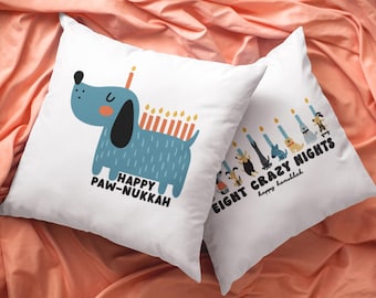 Funny 'Happy Pawnukkah' Throw Pillow: Dog Menorah Hanukkah Gift
