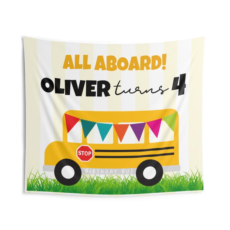 Décor de toile de fond d'anniversaire de bus | Tapisserie d'anniversaire personnalisée pour enfants | Bannière d'anniversaire sur le thème du bus | Déco de fête personnalisée avec nom et âge image 2