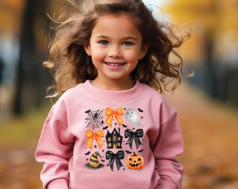 Bluza na Halloween dla dziewcząt – Rozmiary dla małych dzieci i młodzieży – Uroczy jesienny sweter z okrągłym dekoltem w dynię i kokardkę – Strój na upiorny sezon – Koszulka „Cukierek albo psikus”