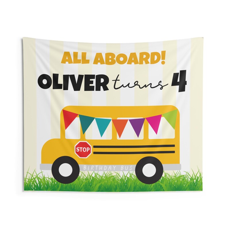 Décor de toile de fond d'anniversaire de bus | Tapisserie d'anniversaire personnalisée pour enfants | Bannière d'anniversaire sur le thème du bus | Déco de fête personnalisée avec nom et âge image 4