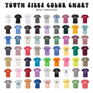 May include: Colour chart for youth sizes of Bella + Canvas 3001Y t-shirts. The chart shows 48 different colours, including white, black, ash, asphalt, athletic heather, baby blue, berry, black heather, cardinal, chocolate, Columbia blue, dark grey heather, dark grey, dark lavender, deep heather, forest, gold, heather blue lagoon, heather Columbia blue, heather deep teal, heather dusty blue, heather forest, heather grass green, heather magenta, heather maroon, heather mauve, heather navy, heather orchid, heather red, heather stone, heather team purple, heather true royal, heather yellow gold, kelly, maroon, mustard, natural, navy, neon blue, neon green, neon orange, neon pink, neon yellow, olive, orange, pink, red, royal purple, silver, solid black blend, solid white blend, storm, team purple, toast, true royal, peach triblend, vintage white, yellow, green triblend, red triblend.