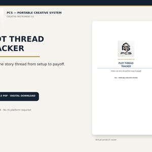 Könnte beinhalten: Ein digitales Plot Thread Tracker Dokument vom PCS Portable Creative System. Die weiße Seite zeigt das PCS Logo, den Titel Plot Thread Tracker und den Text Follow one story thread from setup to payoff. Es ist ein 10-seitiges A4 PDF zum Ausdrucken.