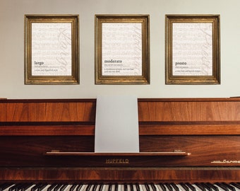 Set of 3 Prints | Music Wall Art Printable | Musical Tempos Largo Moderato Presto | Instant Download JPG PDF | Piano Musician Teacher