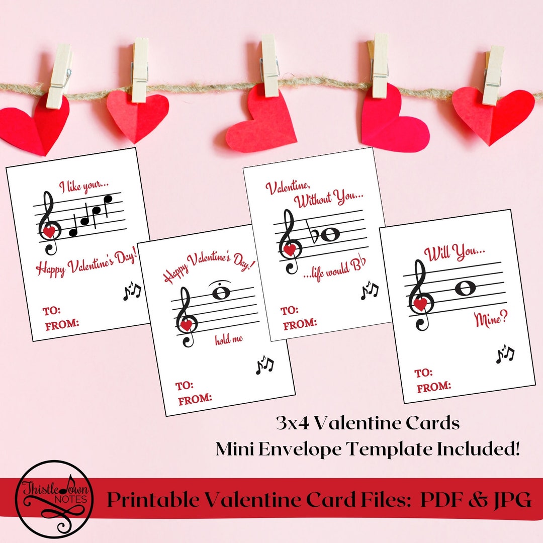 Kid Music Valentine Cards | 3x4 Printable Cards and Mini Envelope | JPG ...